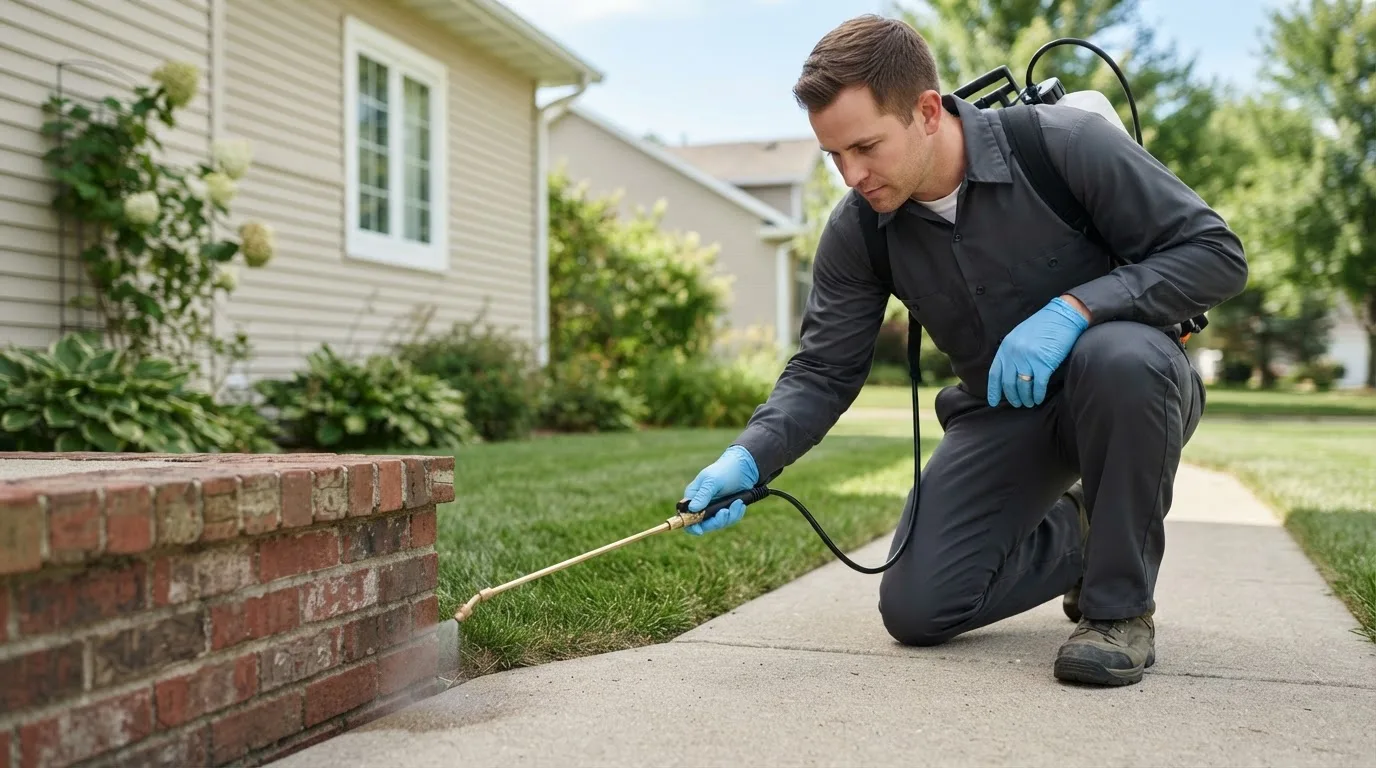 Pest control technician treating a home near Molalla, OR